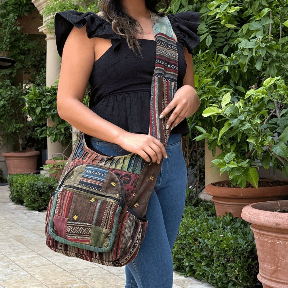 Bee Hobo Bag - Handmade Cotton Patch Shoulder Bag from Nepal